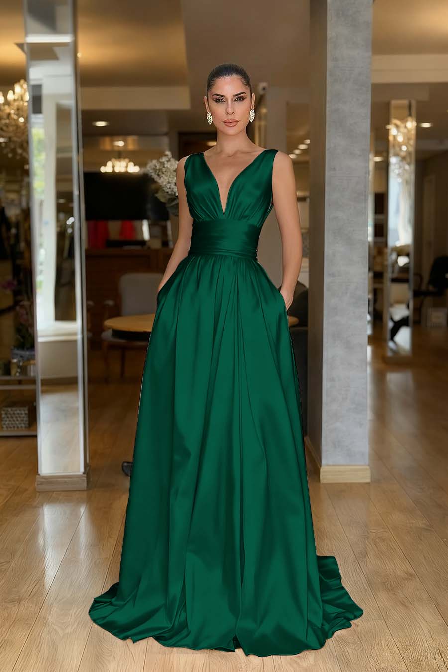 A Line Prom Dress Sleeveless V Neck Satin Formal Dress