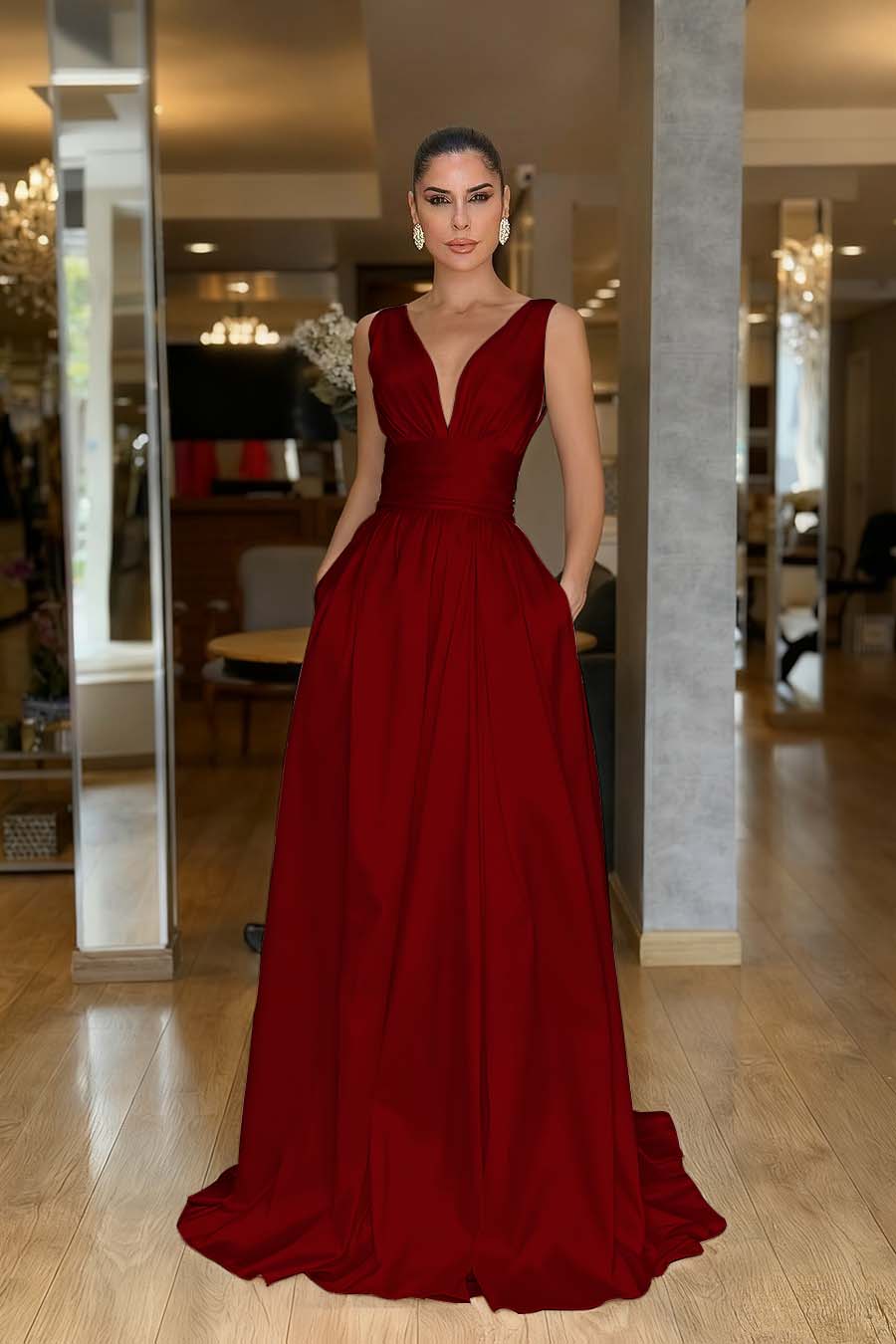 A Line Prom Dress Sleeveless V Neck Satin Formal Dress