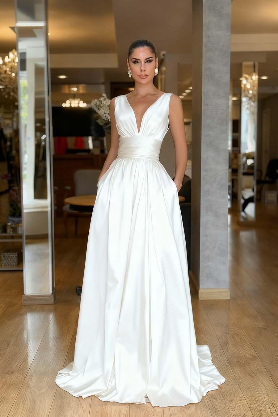 A Line Prom Dress Sleeveless V Neck Satin Formal Dress