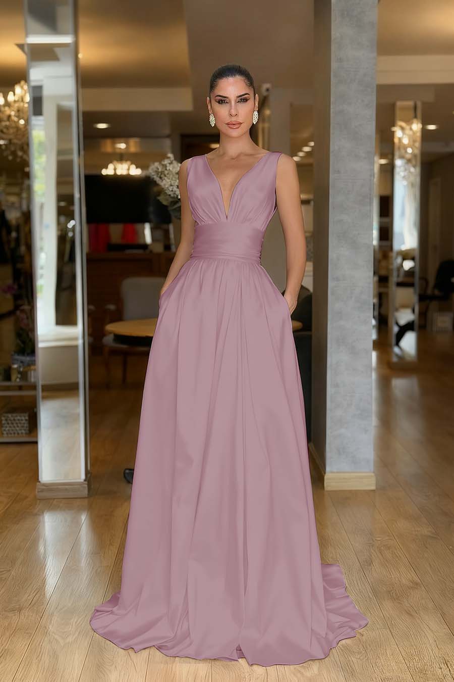 A Line Prom Dress Sleeveless V Neck Satin Formal Dress