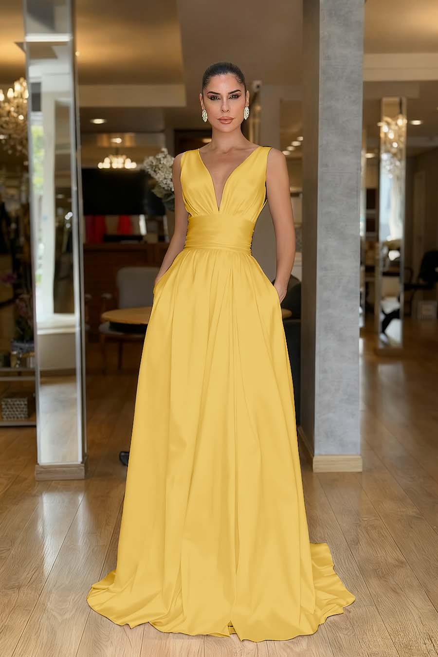 A Line Prom Dress Sleeveless V Neck Satin Formal Dress