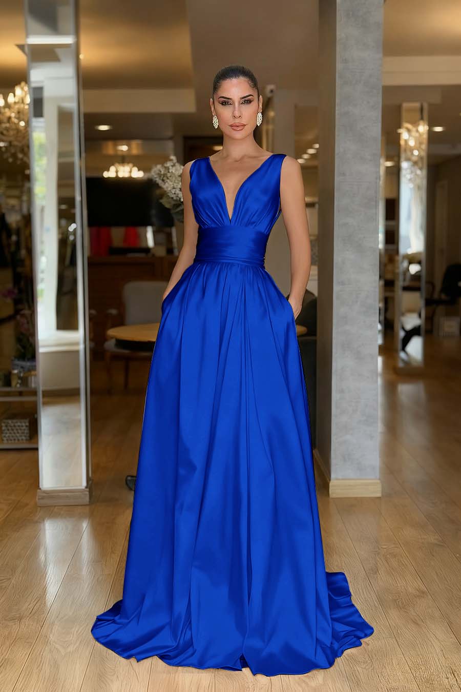 A Line Prom Dress Sleeveless V Neck Satin Formal Dress