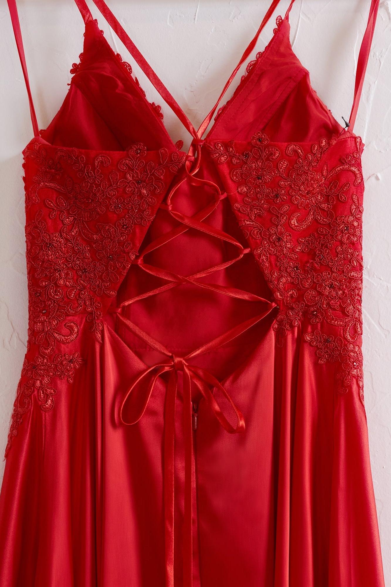 A Line Prom Dress Spaghetti Straps Corset Back Elegant Evening Dress with Split