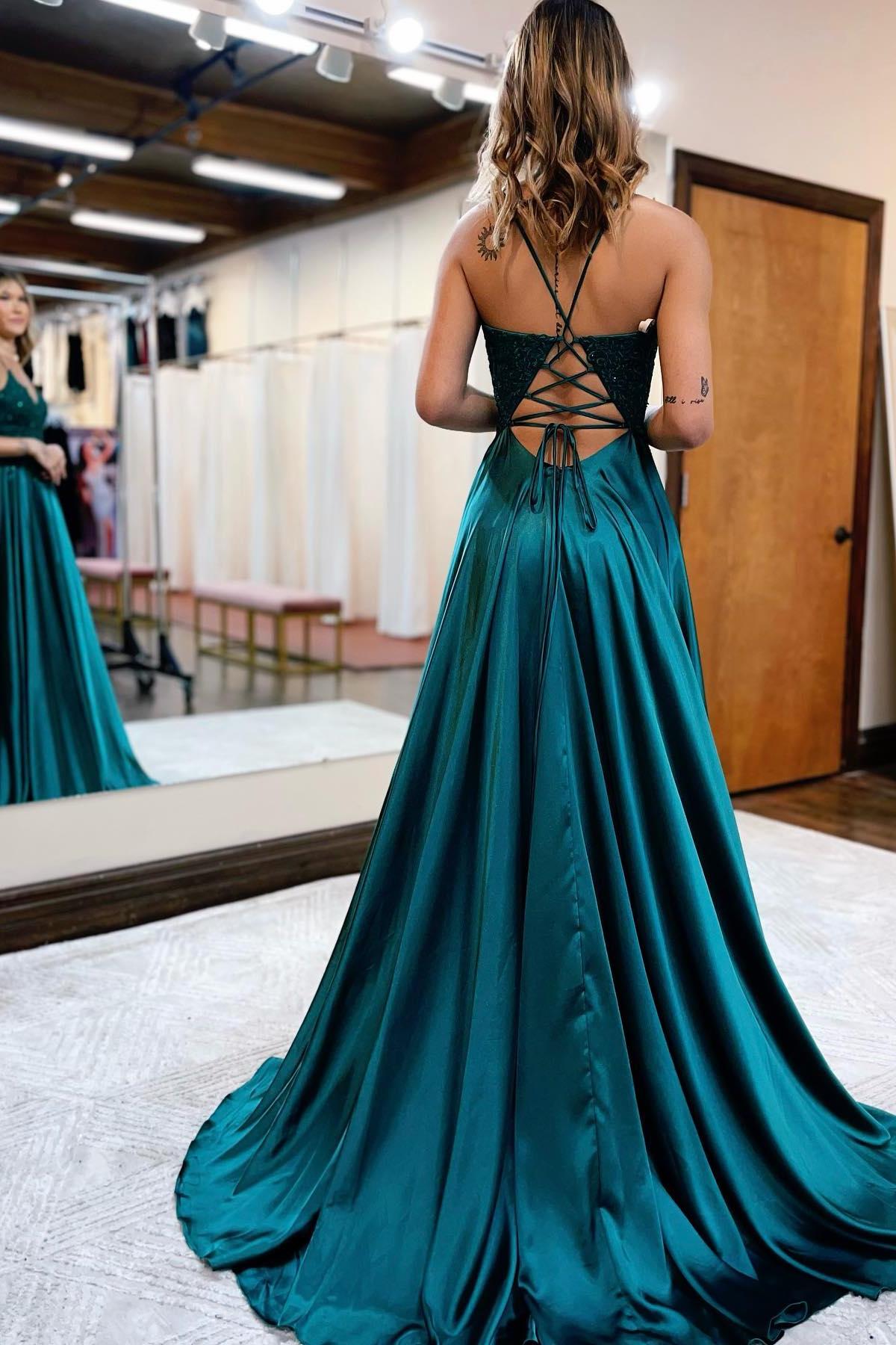 A Line Prom Dress Spaghetti Straps Corset Back Elegant Evening Dress with Split
