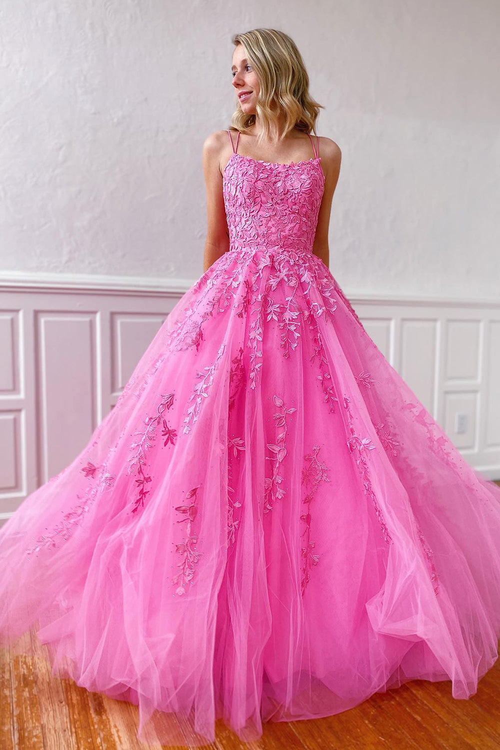 A-Line Prom Dress Spaghetti Straps Long Tulle Evening Dress