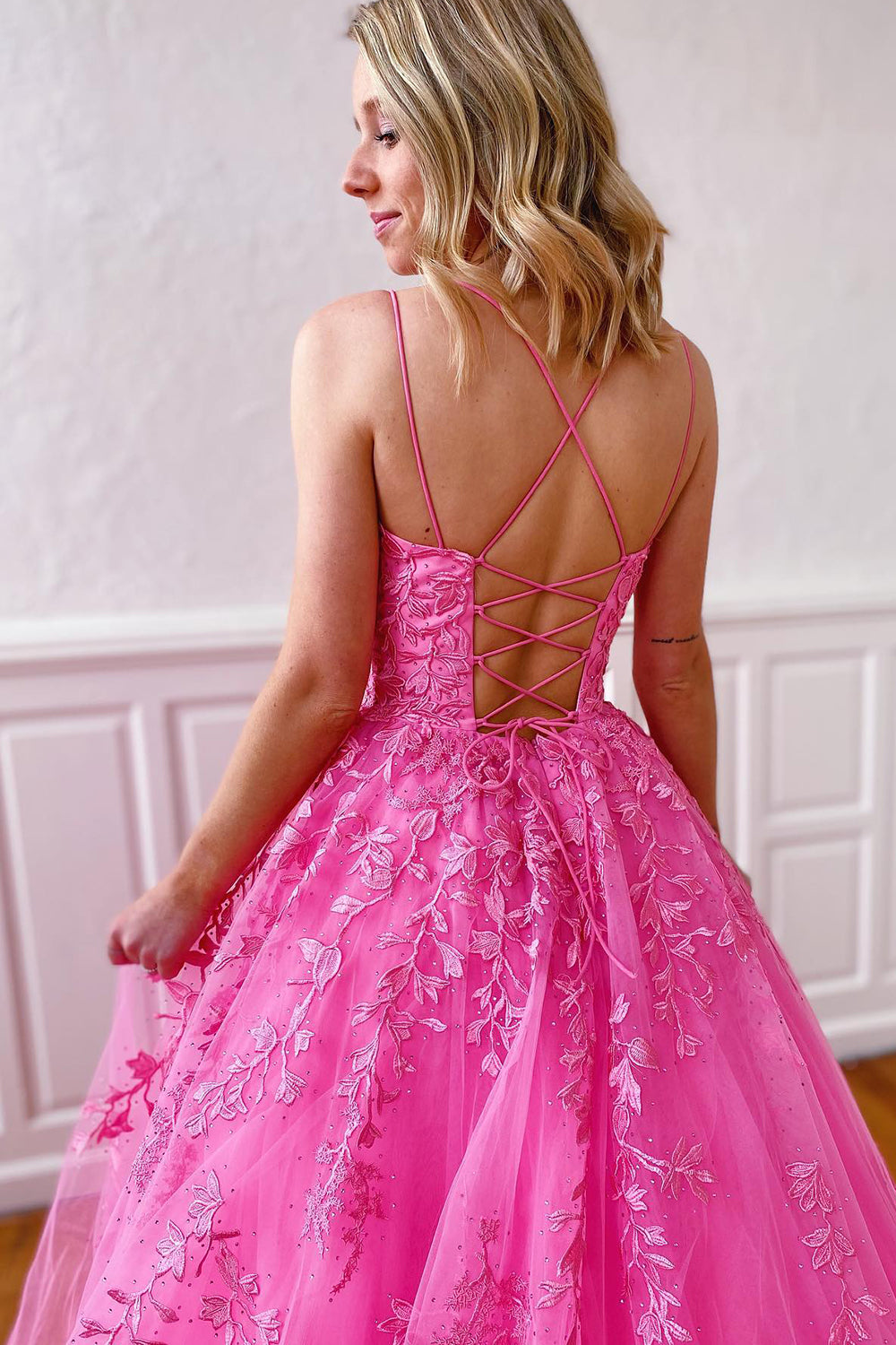 A-Line Prom Dress Spaghetti Straps Long Tulle Evening Dress