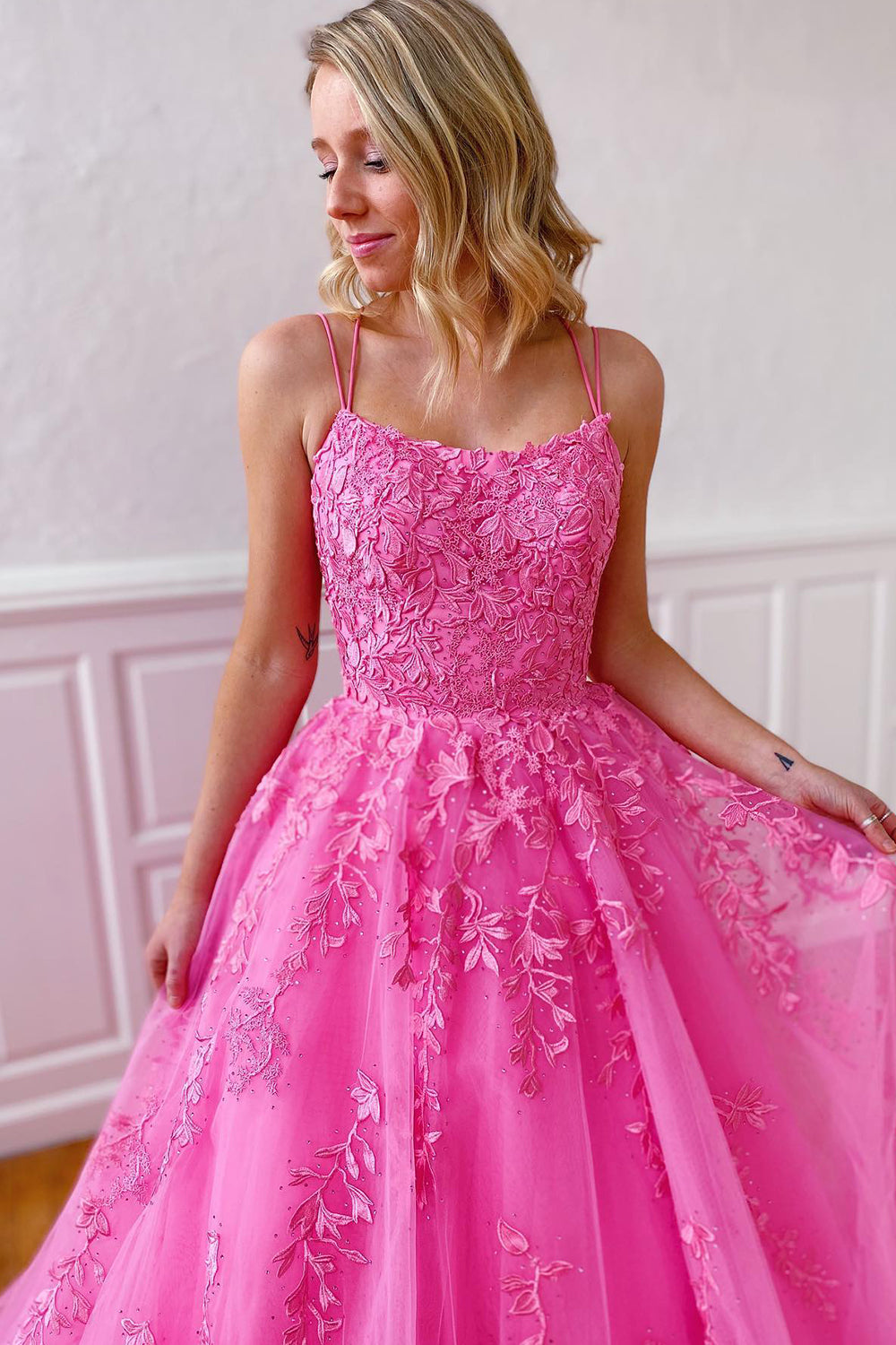 A-Line Prom Dress Spaghetti Straps Long Tulle Evening Dress