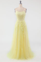 A-Line Prom Dress Spaghetti Straps Long Tulle Evening Dress