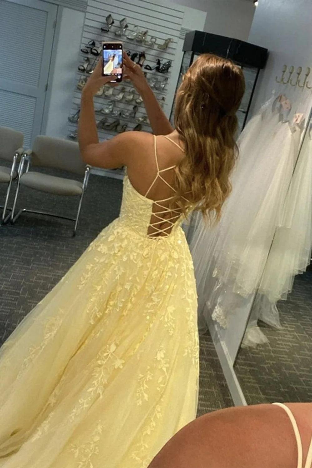 A-Line Prom Dress Spaghetti Straps Long Tulle Evening Dress