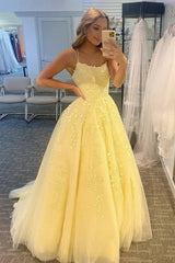 A-Line Prom Dress Spaghetti Straps Long Tulle Evening Dress