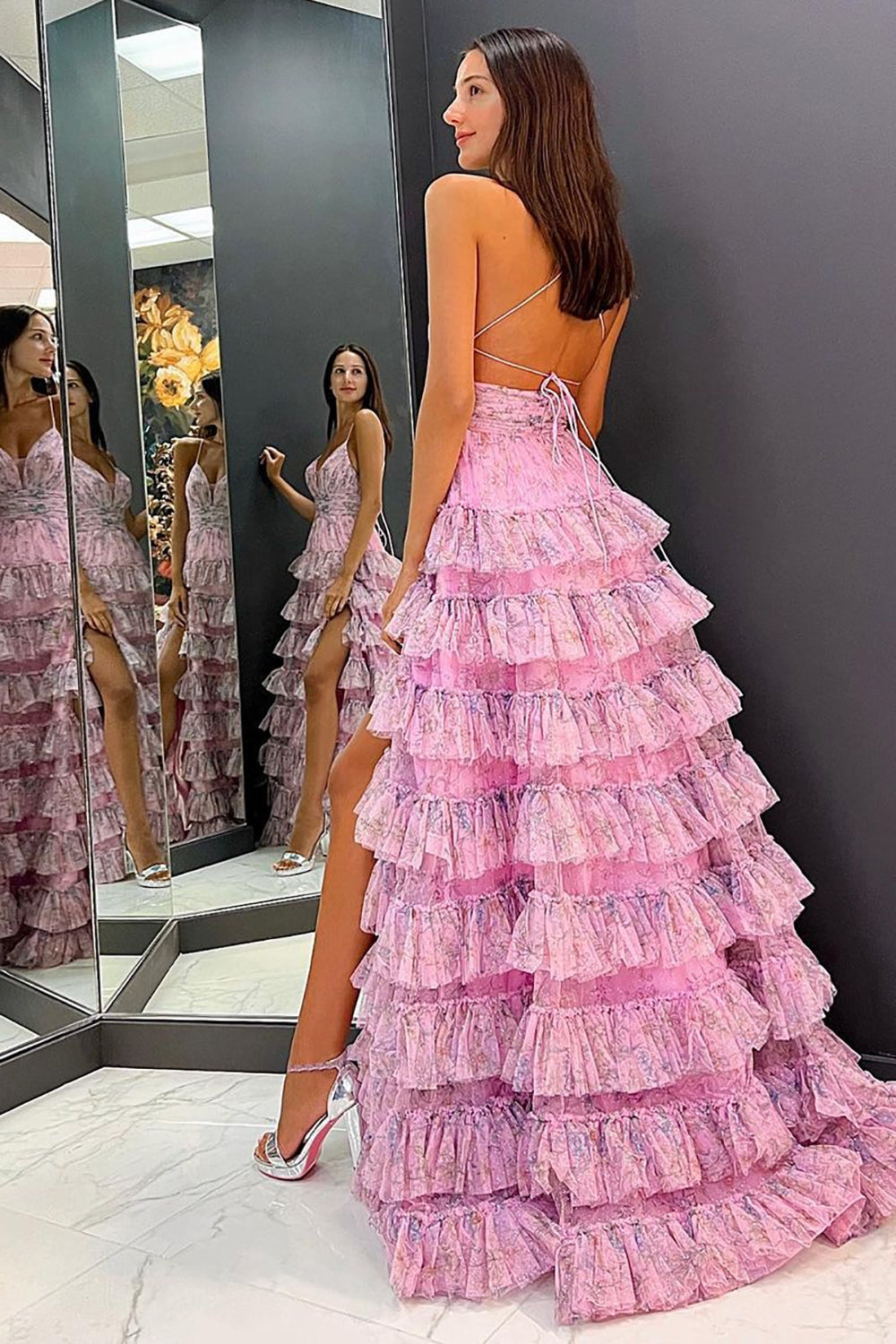 A Line Prom Dress Spaghetti Straps Printed Tulle Evening Dress with Ruffles