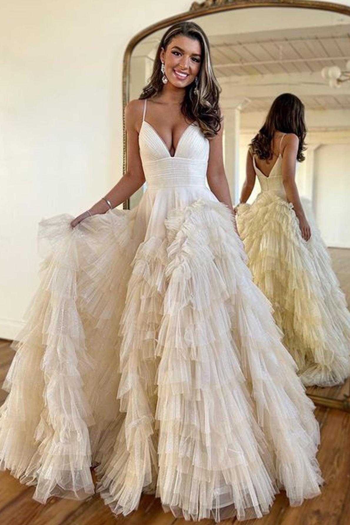 A Line Prom Dress Spaghetti Straps Tiered Tulle Evening Dress