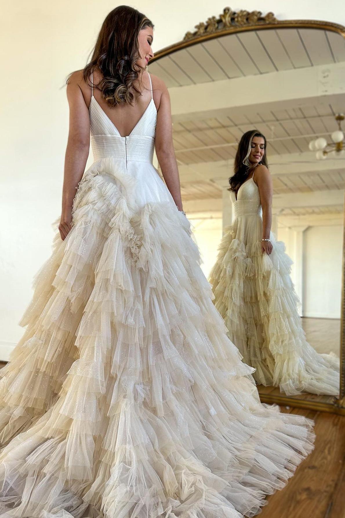 A Line Prom Dress Spaghetti Straps Tiered Tulle Evening Dress