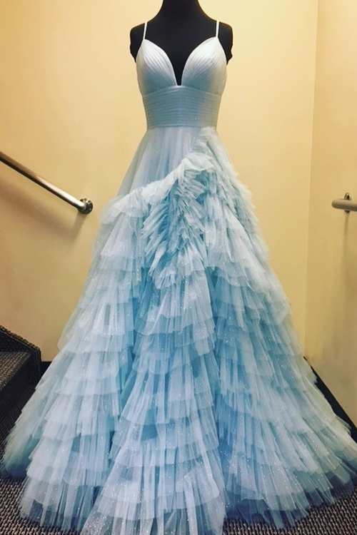 A Line Prom Dress Spaghetti Straps Tiered Tulle Evening Dress
