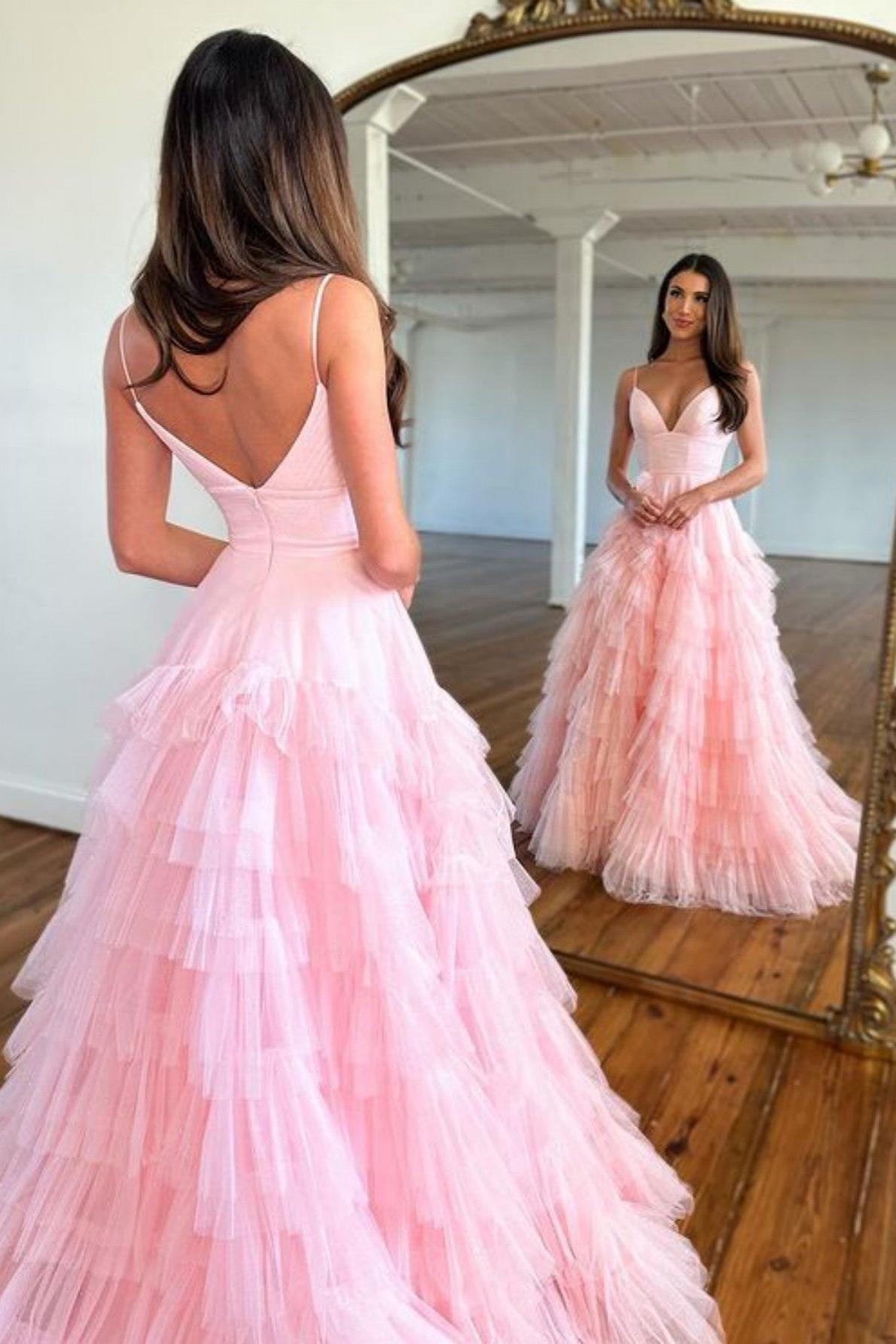 A Line Prom Dress Spaghetti Straps Tiered Tulle Evening Dress