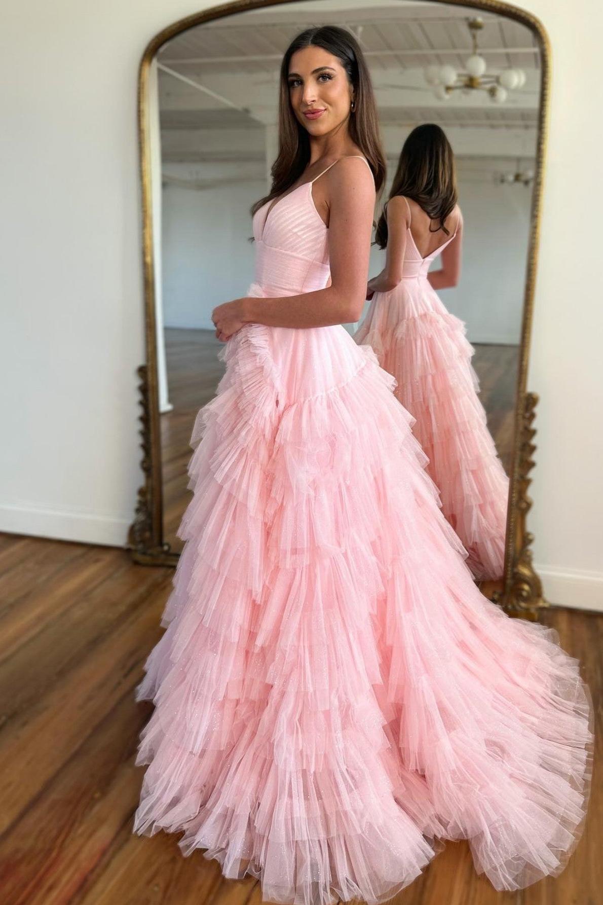A Line Prom Dress Spaghetti Straps Tiered Tulle Evening Dress