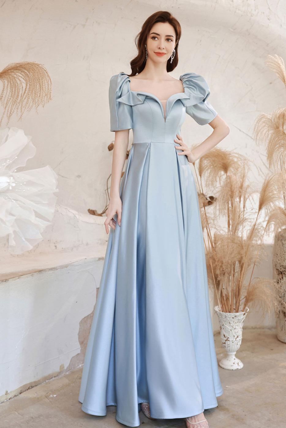 A Line Prom Dress Square Neckline Satin Blue Long Formal Evening Dress