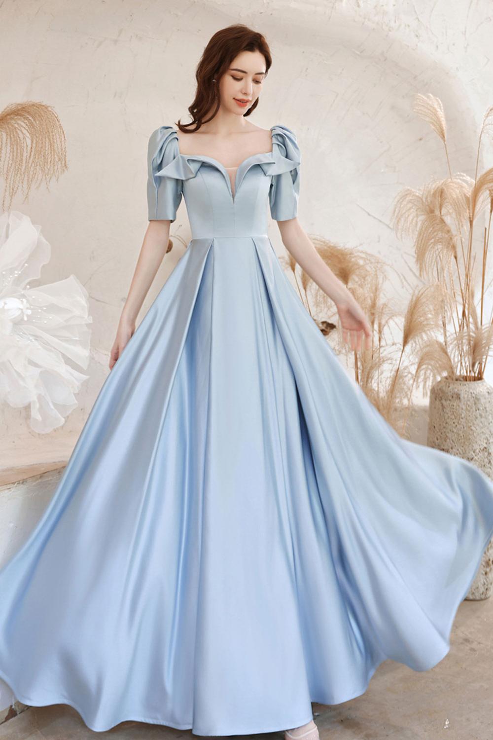 A Line Prom Dress Square Neckline Satin Blue Long Formal Evening Dress