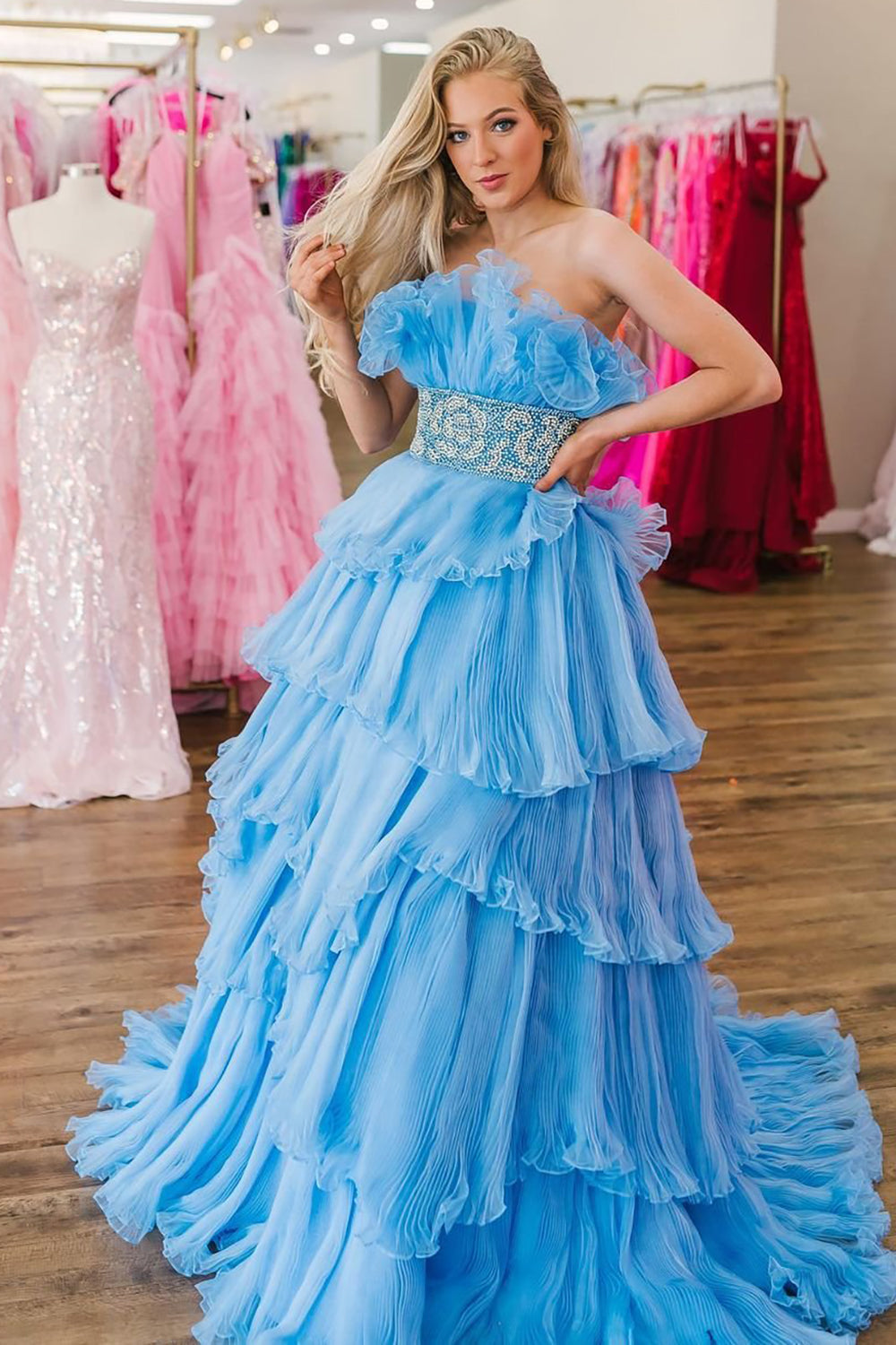 A Line Prom Dress Strapless Long with Ruffles Evening Dress