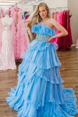 A Line Prom Dress Strapless Long with Ruffles Evening Dress