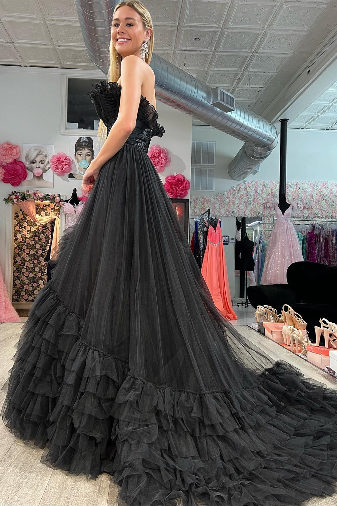 A Line Prom Dress Strapless Pink Tiered Long Tulle Evening Dress