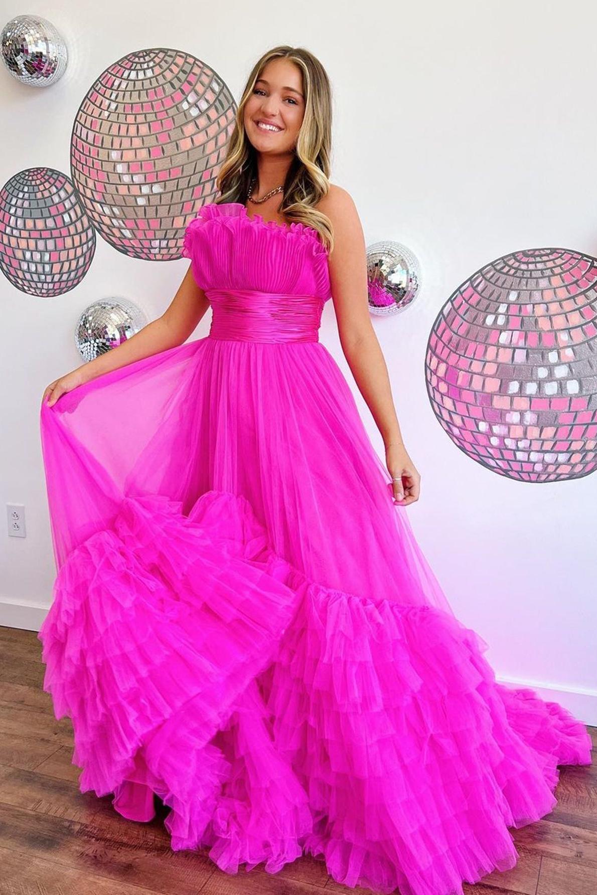 A Line Prom Dress Strapless Pink Tiered Long Tulle Evening Dress