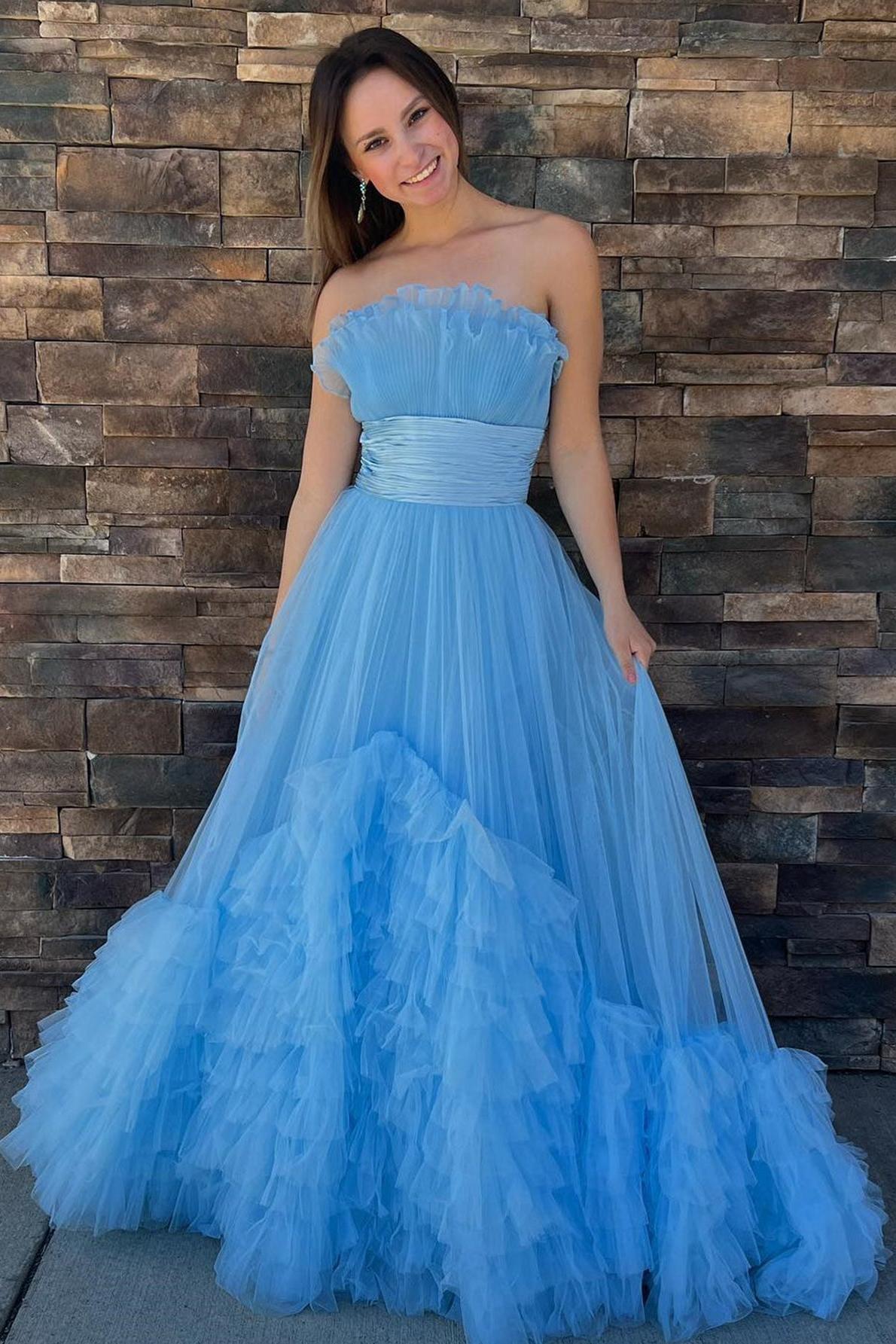 A Line Prom Dress Strapless Pink Tiered Long Tulle Evening Dress