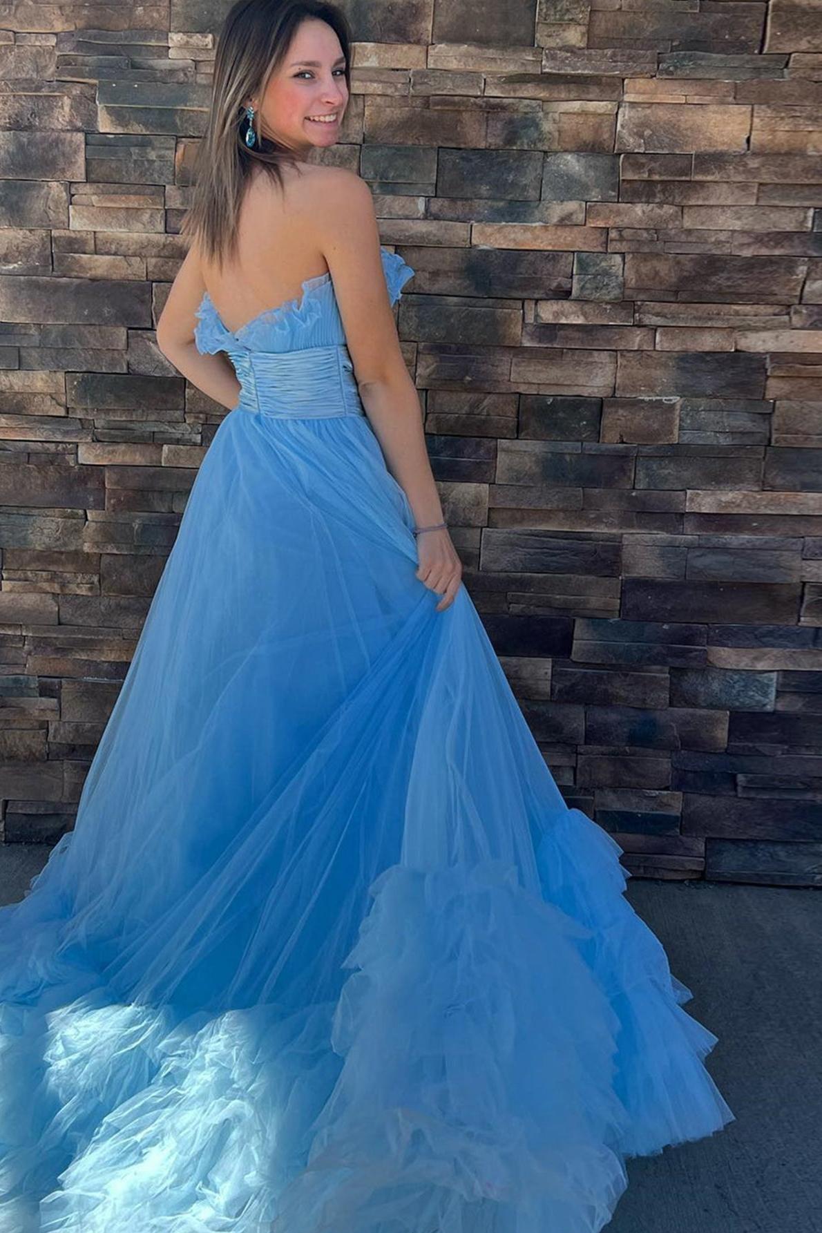 A Line Prom Dress Strapless Pink Tiered Long Tulle Evening Dress