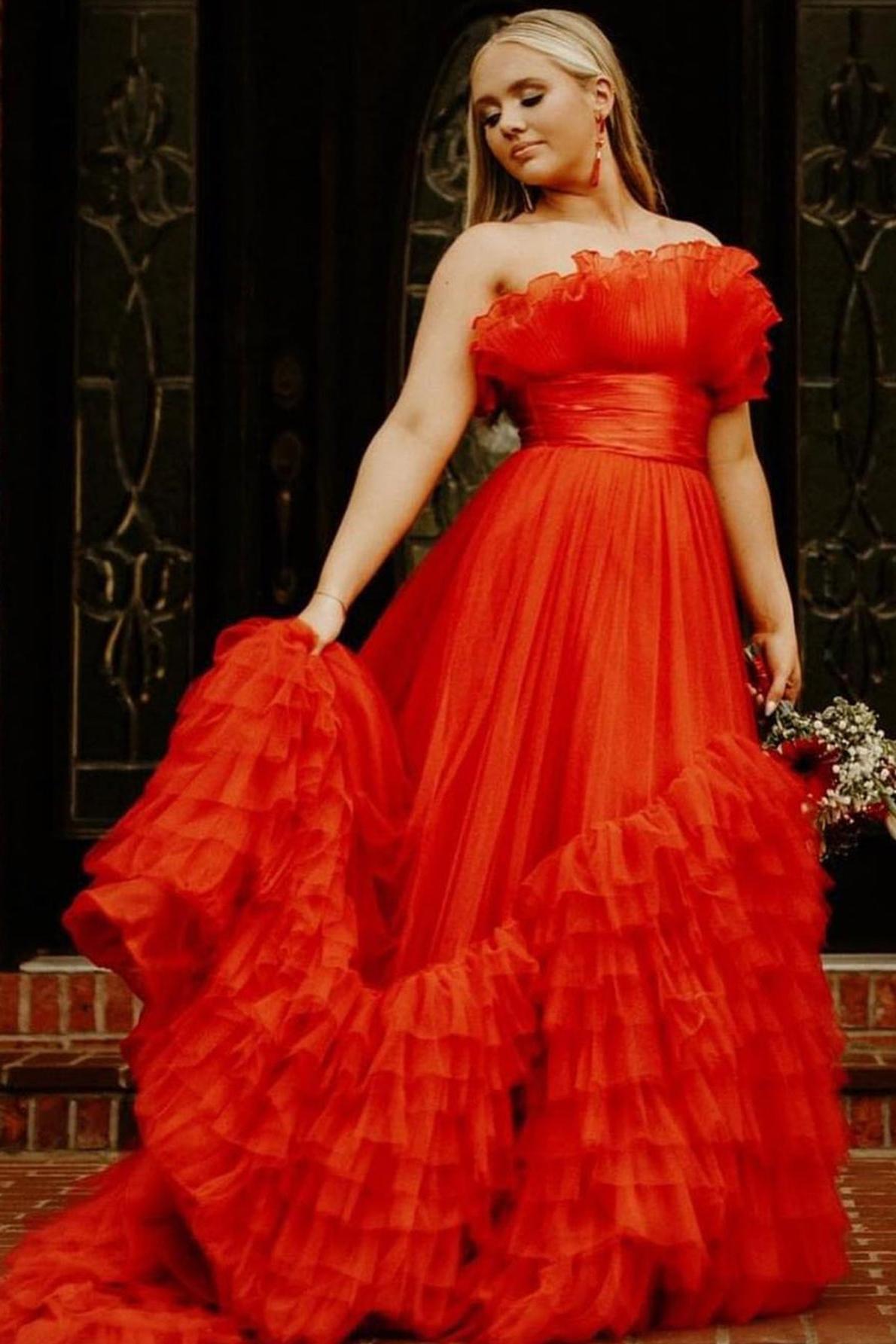 A Line Prom Dress Strapless Pink Tiered Long Tulle Evening Dress