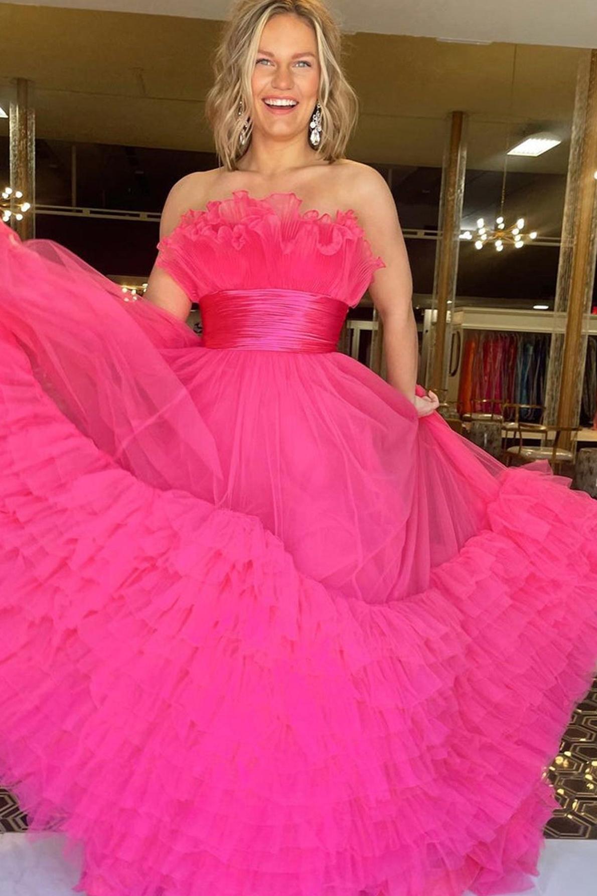 A Line Prom Dress Strapless Pink Tiered Long Tulle Evening Dress