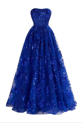 A Line Prom Dress Strapless Pleating Long Elegant Evening Dress With Appliques