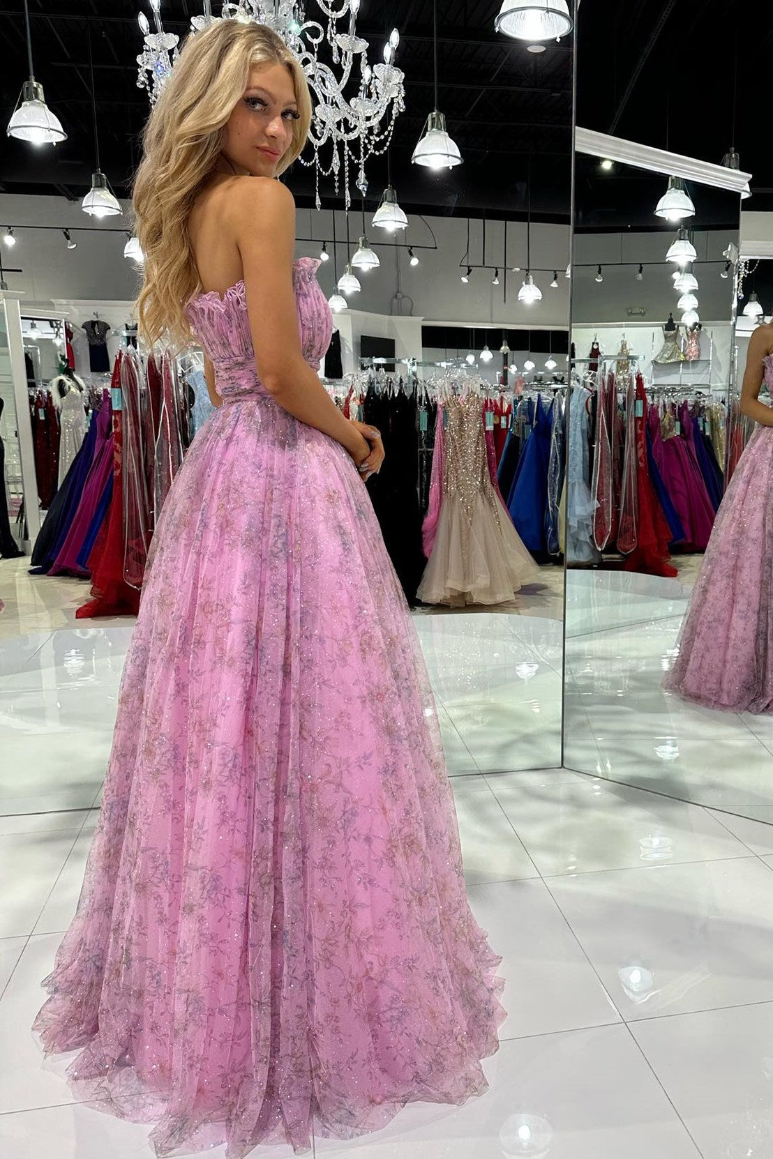 A Line Prom Dress Strapless Printed Glitter Tulle Evening Dress