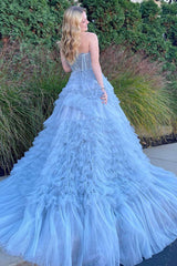 A Line Prom Dress Strapless Tiered Tulle Evening Dress