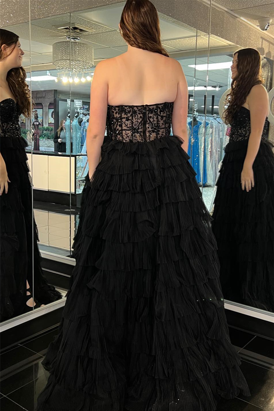 A Line Prom Dress Strapless Tulle Long Evening Dress with Split