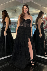A Line Prom Dress Strapless Tulle Long Evening Dress with Split
