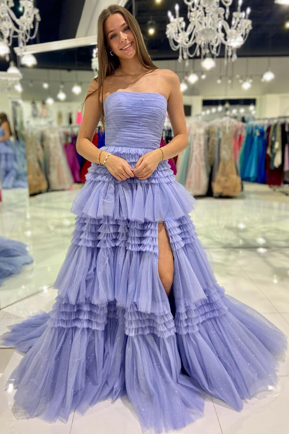 A Line Prom Dress Strapless Tulle Long with Layered Ruffles Evening Dress