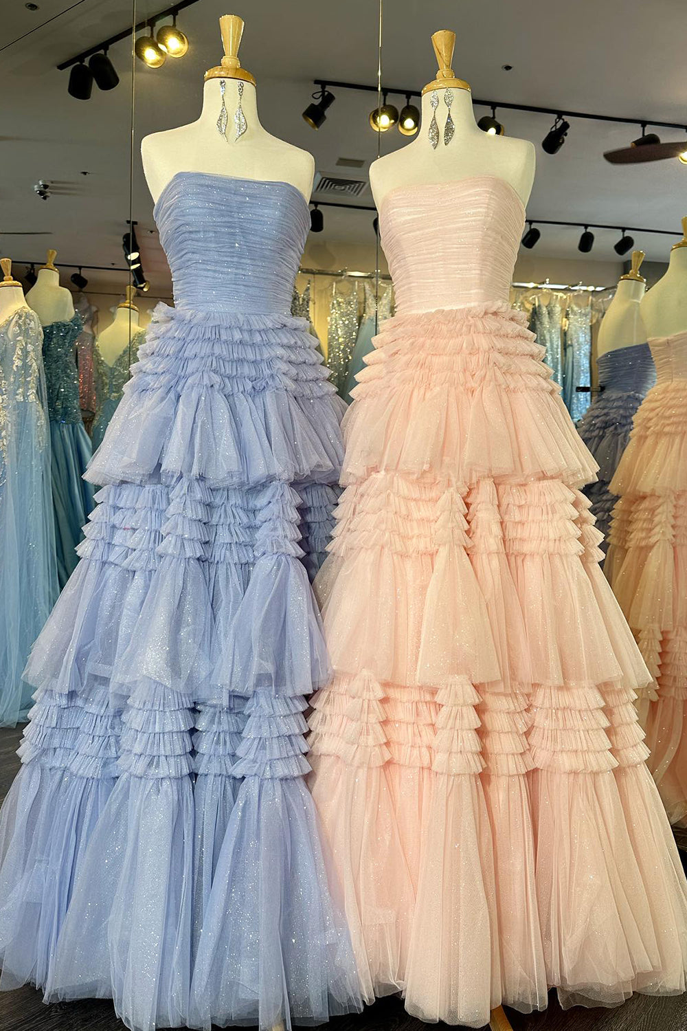 A Line Prom Dress Strapless Tulle Long with Layered Ruffles Evening Dress