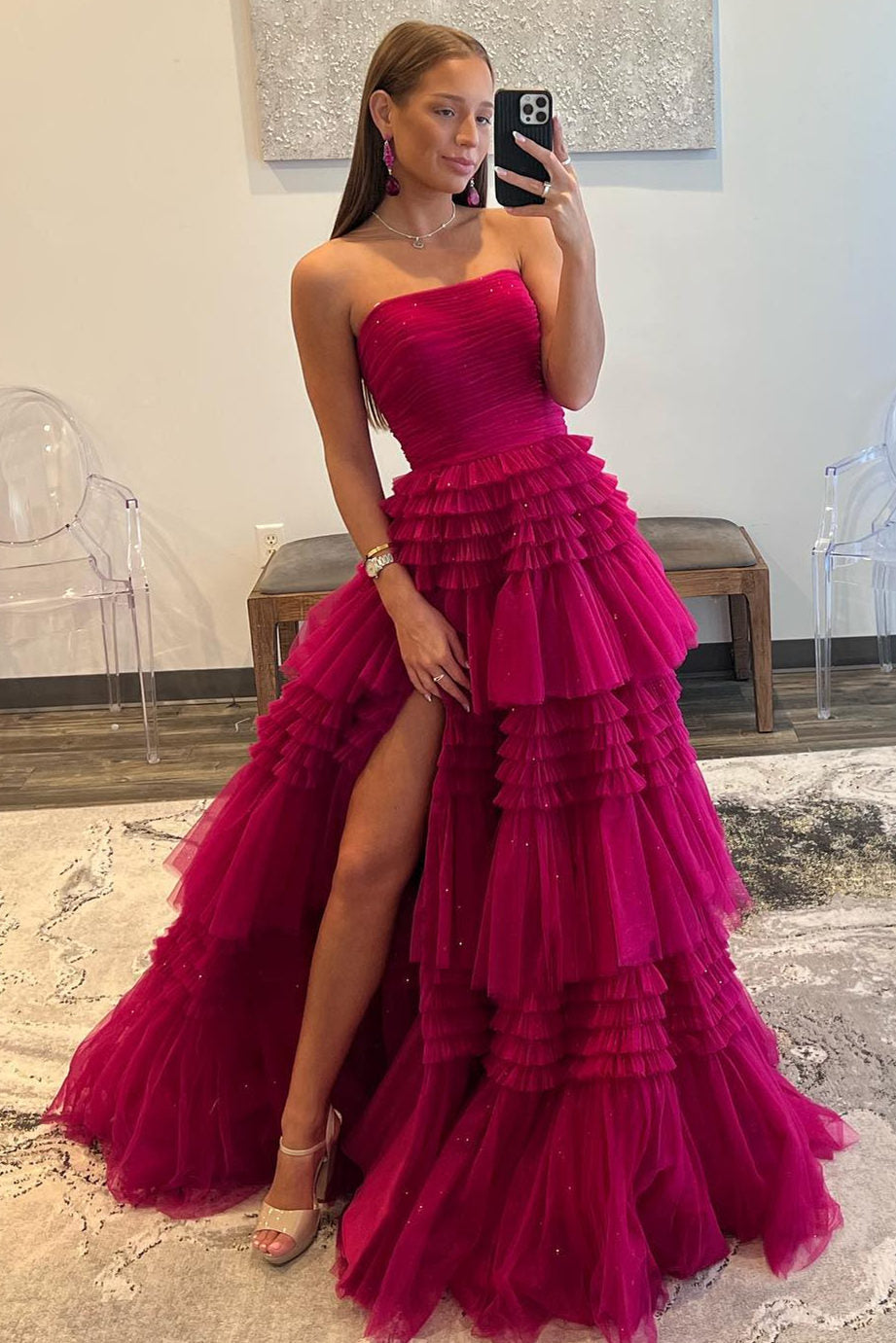 A Line Prom Dress Strapless Tulle Long with Layered Ruffles Evening Dress