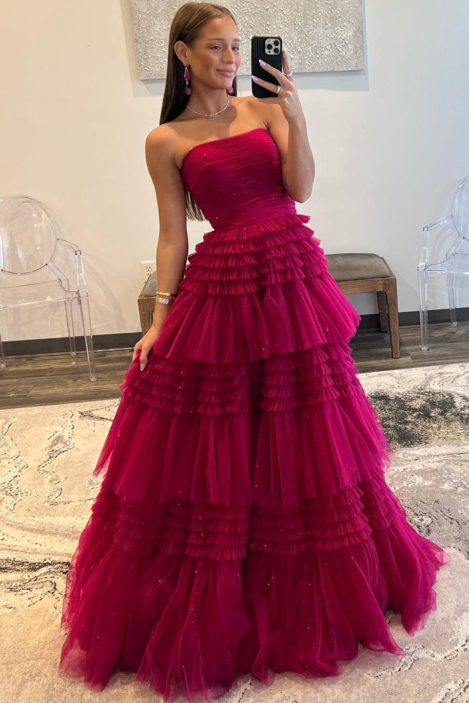 A Line Prom Dress Strapless Tulle Long with Layered Ruffles Evening Dress