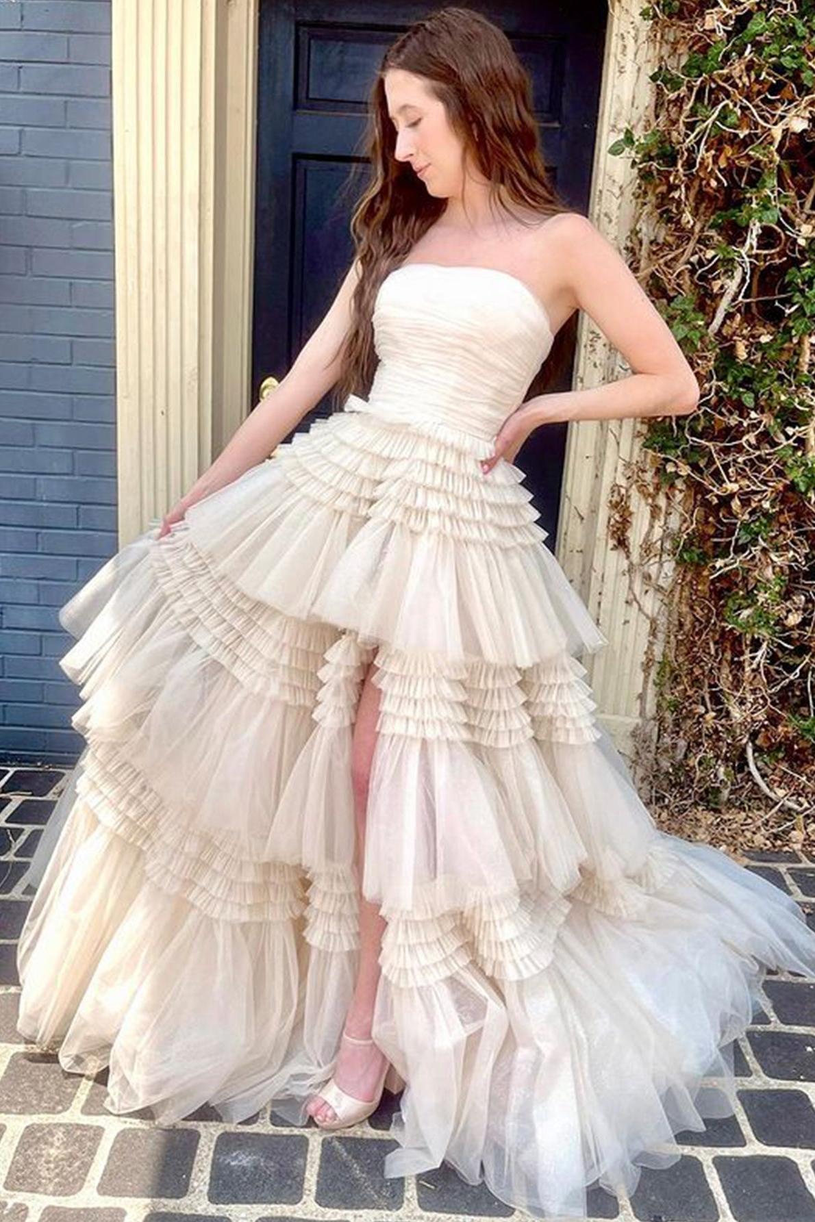 A Line Prom Dress Strapless Tulle Long with Layered Ruffles Evening Dress