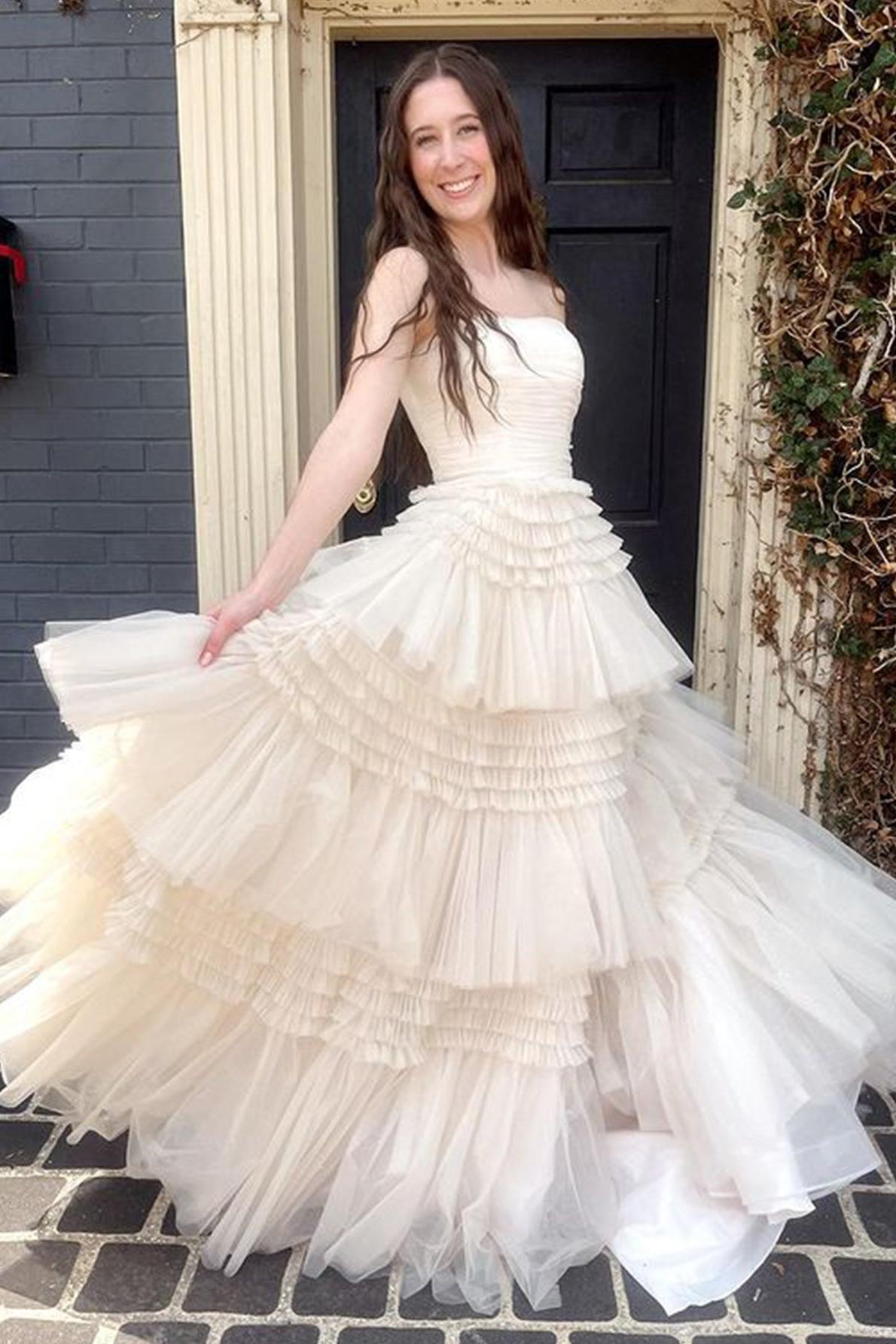 A Line Prom Dress Strapless Tulle Long with Layered Ruffles Evening Dress