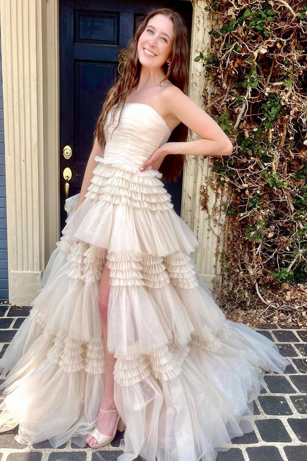 A Line Prom Dress Strapless Tulle Long with Layered Ruffles Evening Dress