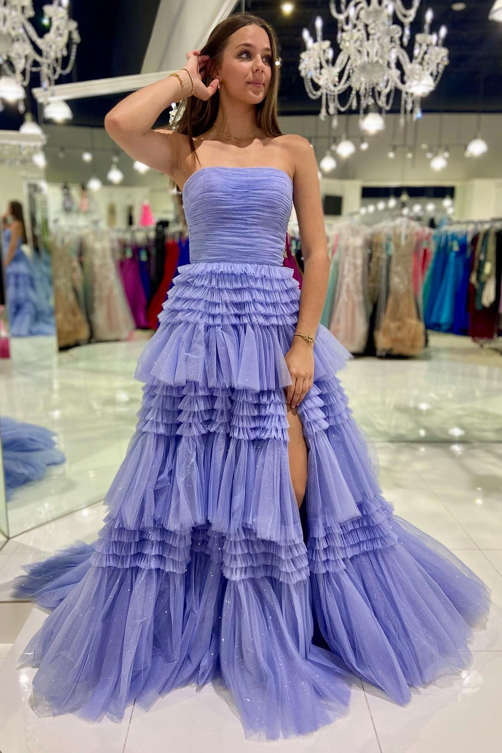 A Line Prom Dress Strapless Tulle Long with Layered Ruffles Evening Dress