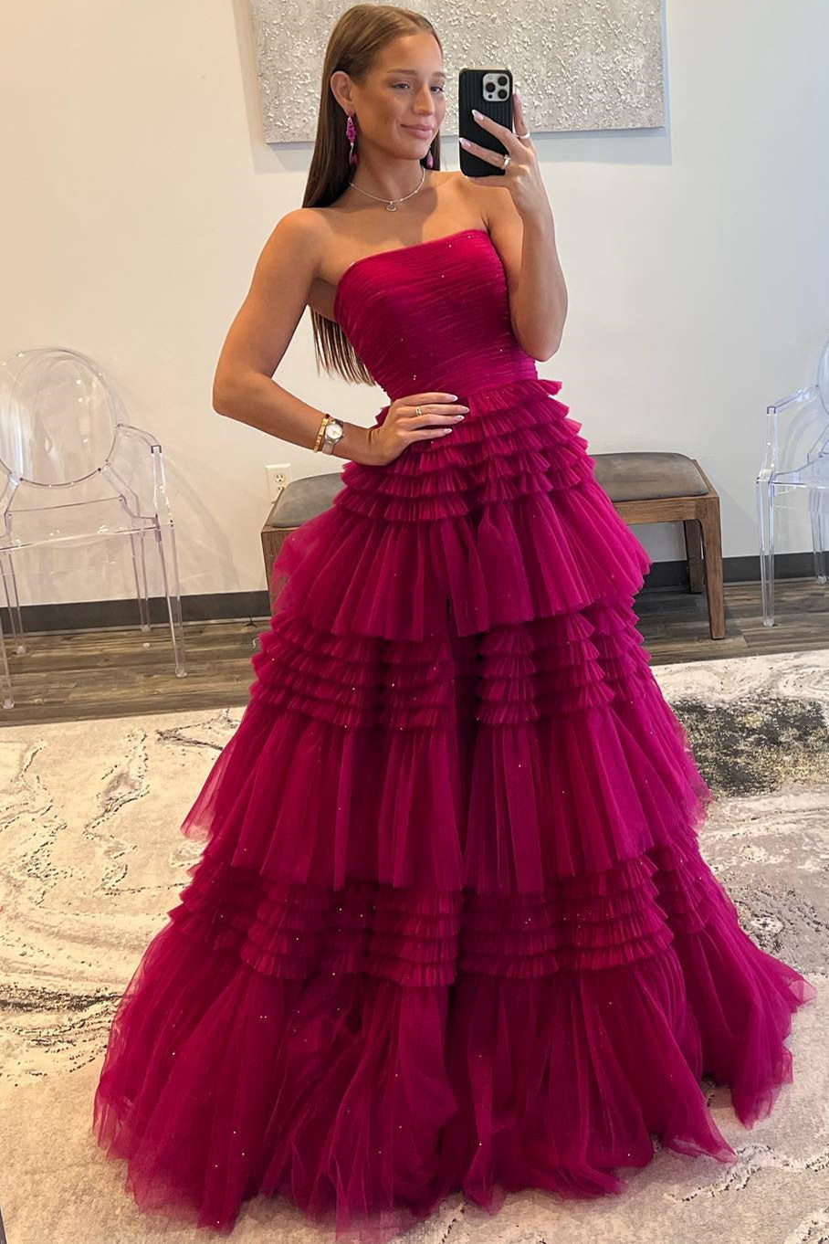 A Line Prom Dress Strapless Tulle Long with Layered Ruffles Evening Dress