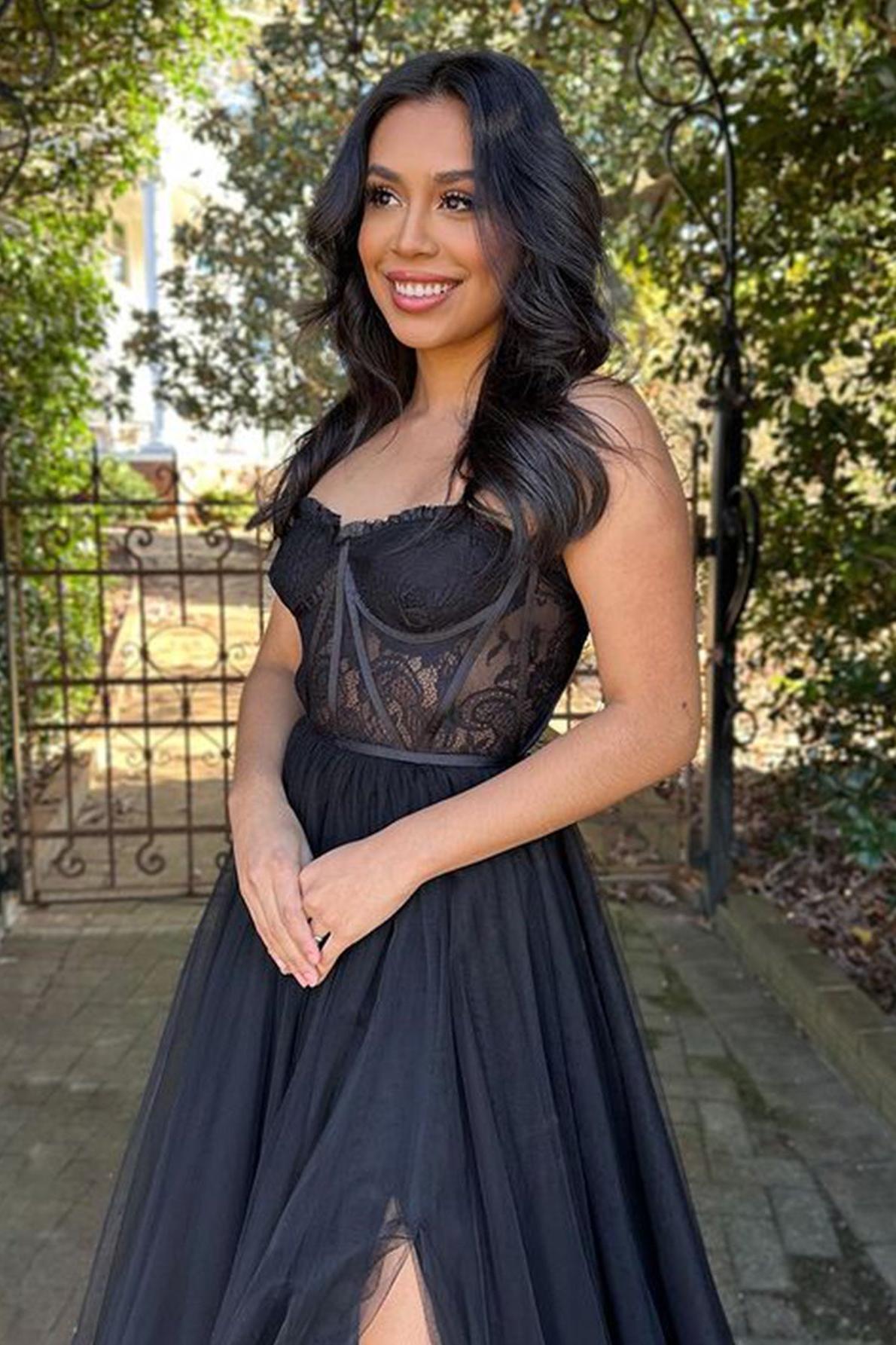 A Line Prom Dress Sweetheart Collar Corset Tulle Elegant Evening Dress with Split