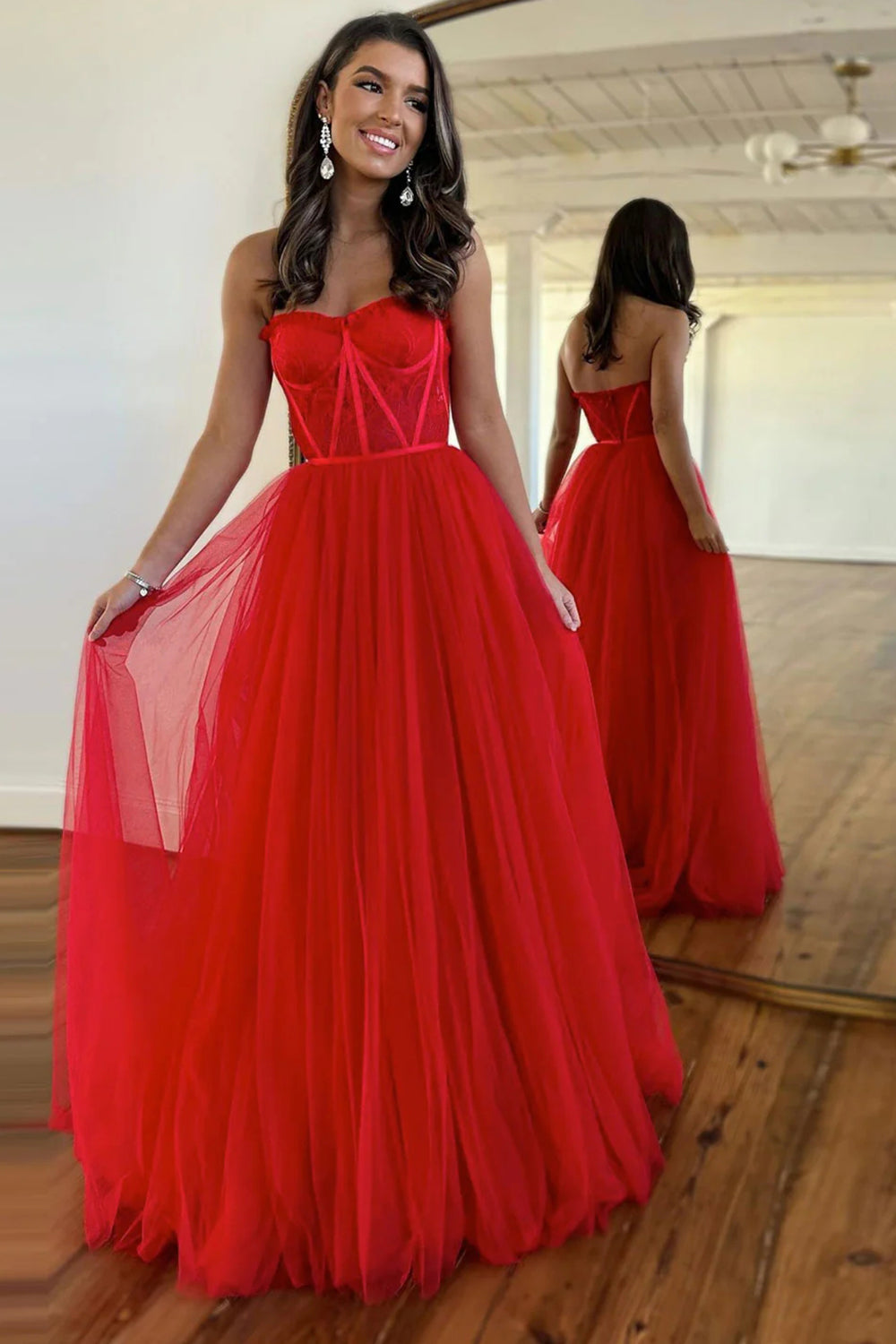 A Line Prom Dress Sweetheart Collar Corset Tulle Elegant Evening Dress with Split