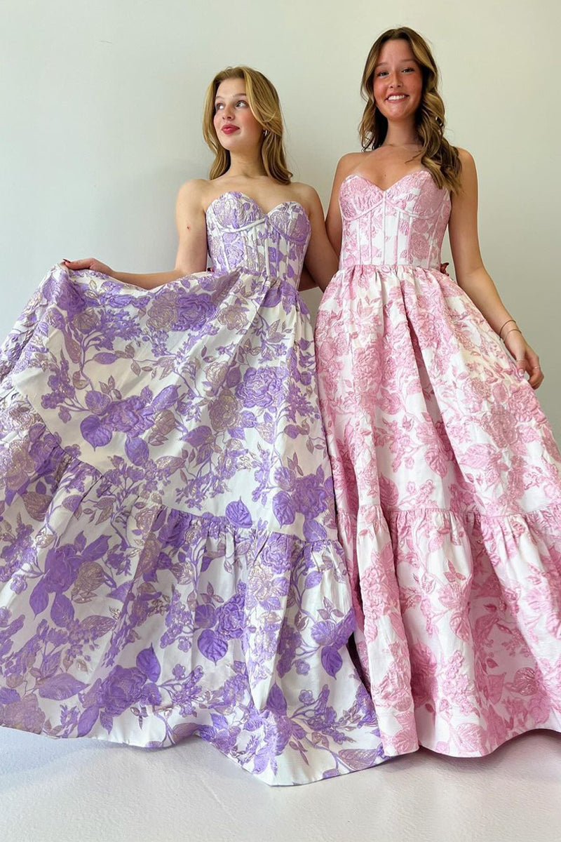 A Line Prom Dress Sweetheart Collar Floral Printed Long Evening Dress