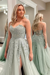 A Line Prom Dress Sweetheart Collar Sage Green Tulle Lace Long Evening Dress