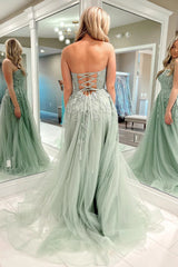 A Line Prom Dress Sweetheart Collar Sage Green Tulle Lace Long Evening Dress