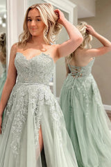 A Line Prom Dress Sweetheart Collar Sage Green Tulle Lace Long Evening Dress